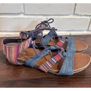 Minnetonka Womens Effie Lace Gladiator Blue Denim Striped Strappy Flat Sandals 7